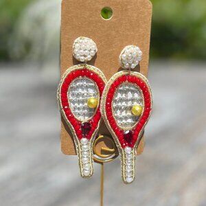 Tennis & Ball Theme Sports Player Fan Seed Beaded Pearl Accent Earrings